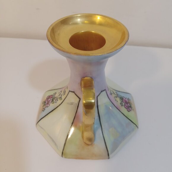 Candlestick Holder Porcelain Pink Purple Lavender Gold Floral Made In Germany - Picture 4 of 7